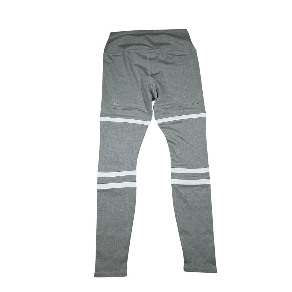 Alo Yoga Goddess Leggings Women Large Grey White Striped Ribbed High Waist - Picture 1 of 14